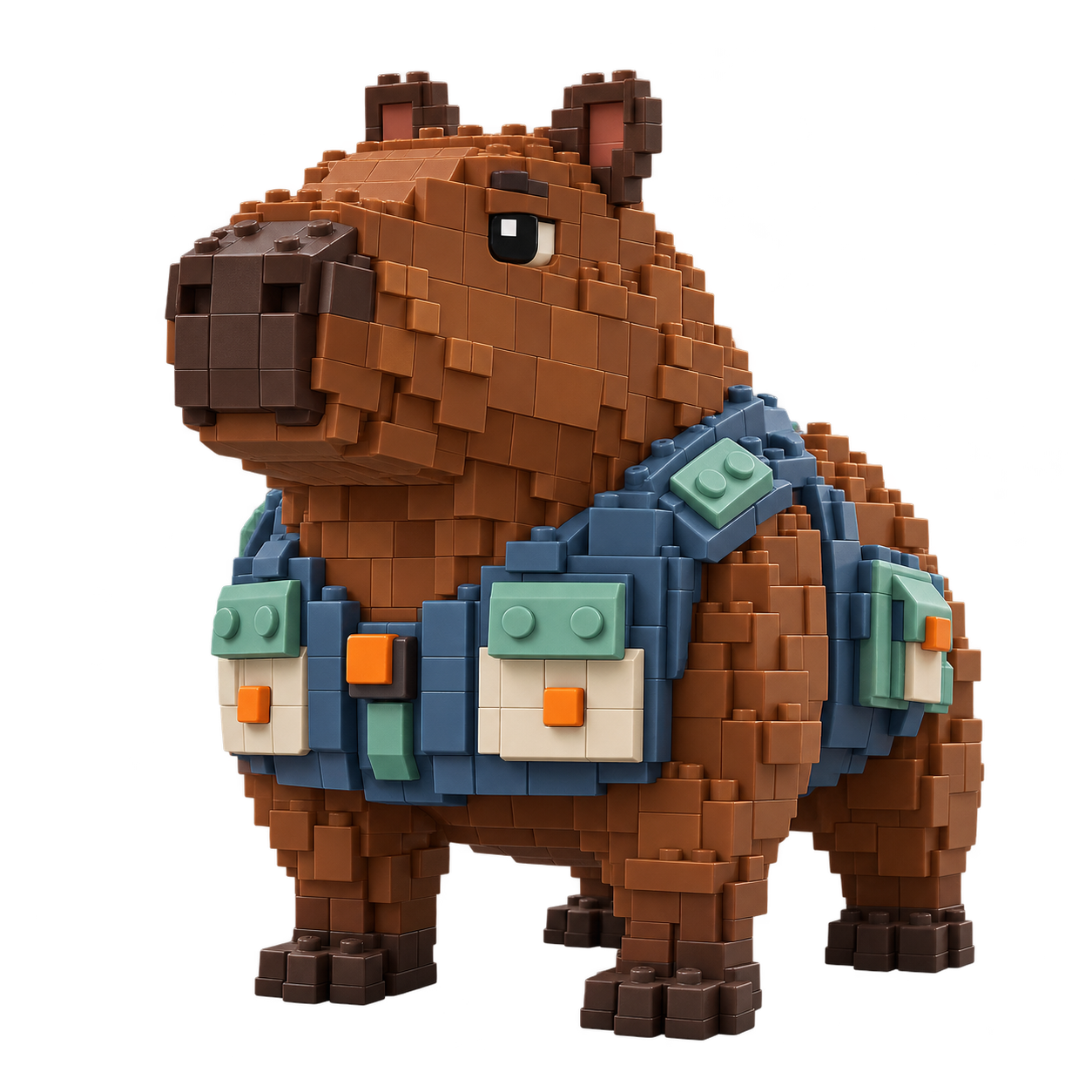 Dooze, a cocoa capybara built from toy bricks wearing a slate vest