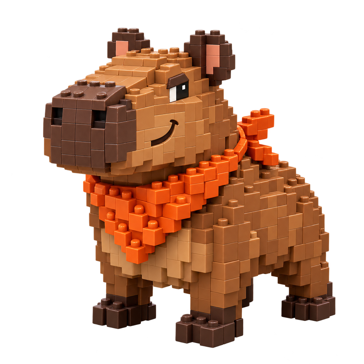Pip, a russet capybara built from toy bricks wearing an orange bandana